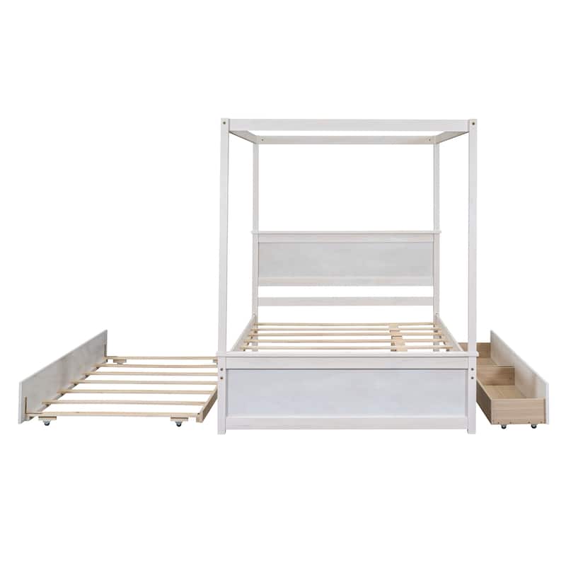 Full Size Canopy Bed with Trundle Wood Platform Bed Frame and 2 Drawers Upholstered Bed, Storage Bed with Support Slats