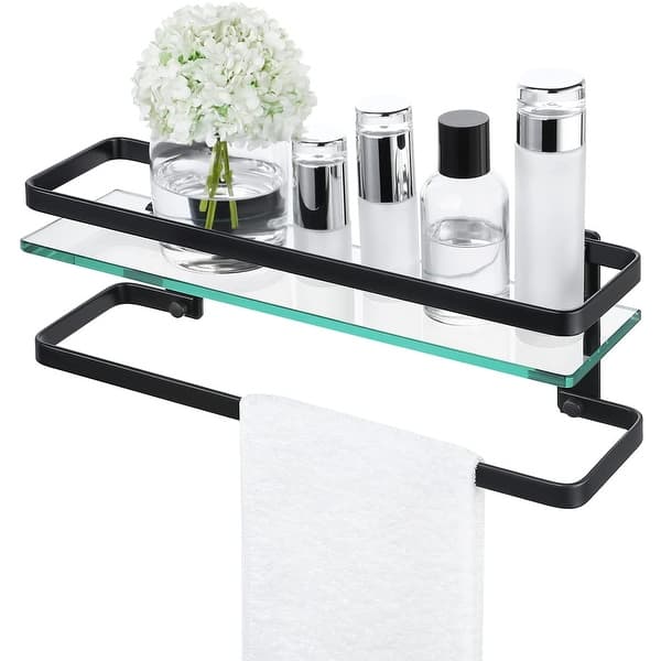 20" Wall-Mounted Bathroom Glass Shelf With Towel Bar - Stainless Steel SUS304, Tempered Glass, 35 Lbs Capacity