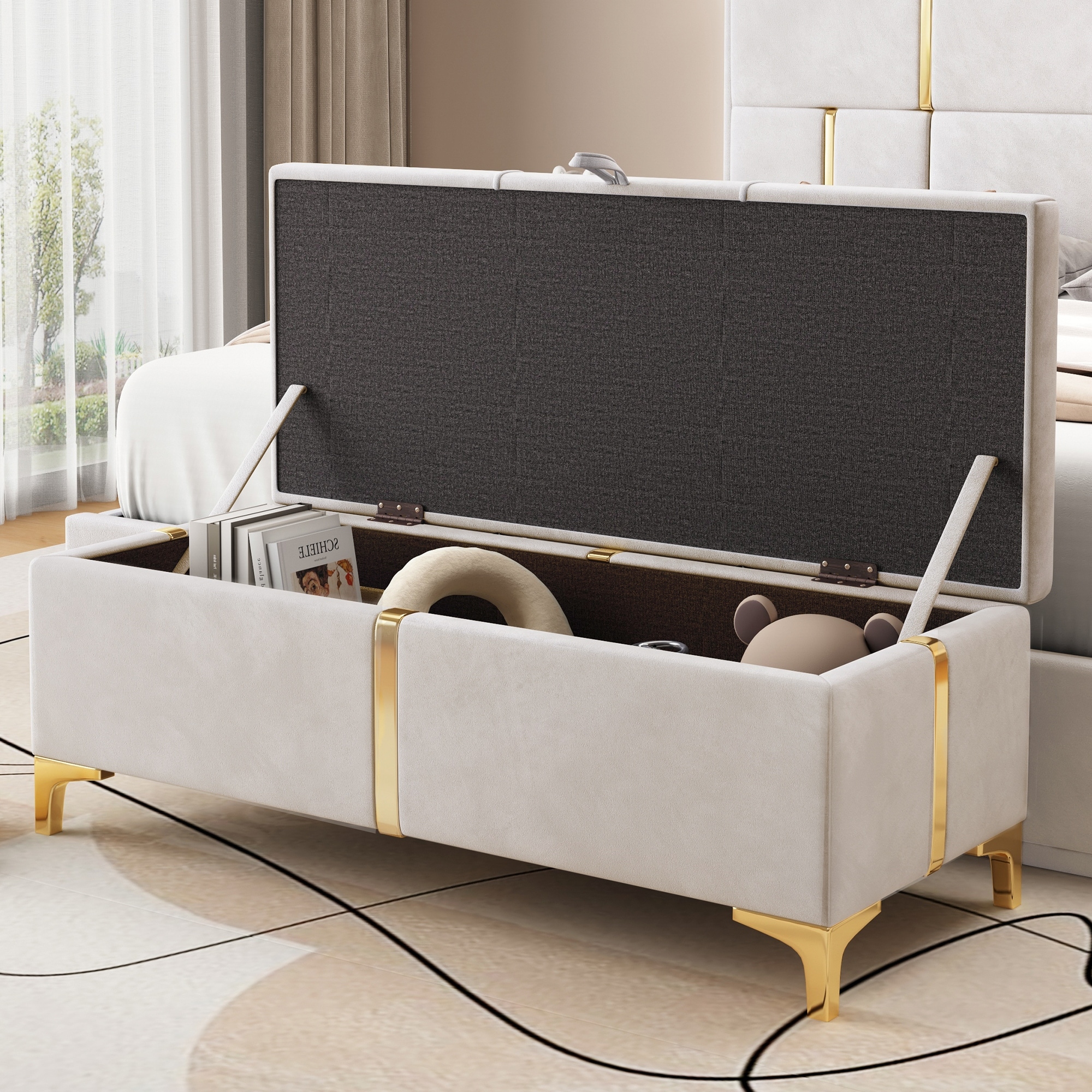 Velvet Upholstered Storage Ottoman, Storage Bench with Metal Legs, Entryway Bench with Hidden Storage for Bedroom, Living Room