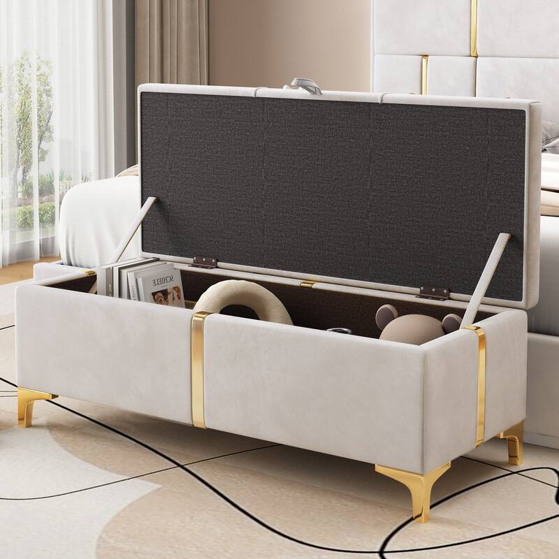 Velvet Upholstered Storage Ottoman, Storage Bench with Metal Legs, Entryway Bench with Hidden Storage for Bedroom, Living Room - Beige