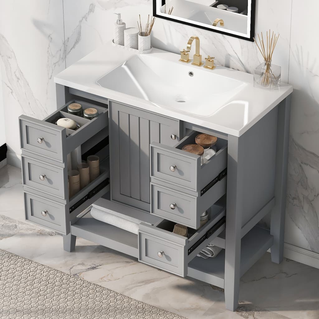 36" Bathroom Vanity - Solid Wood & MDF, 3 Drawers + Cabinet, Water-Resistant