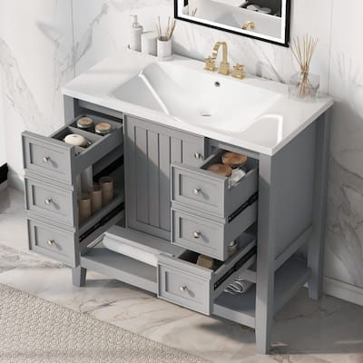 36" Bathroom Vanity with Sink, One Cabinet and Three Drawers, Solid Wood and MDF Board, Grey