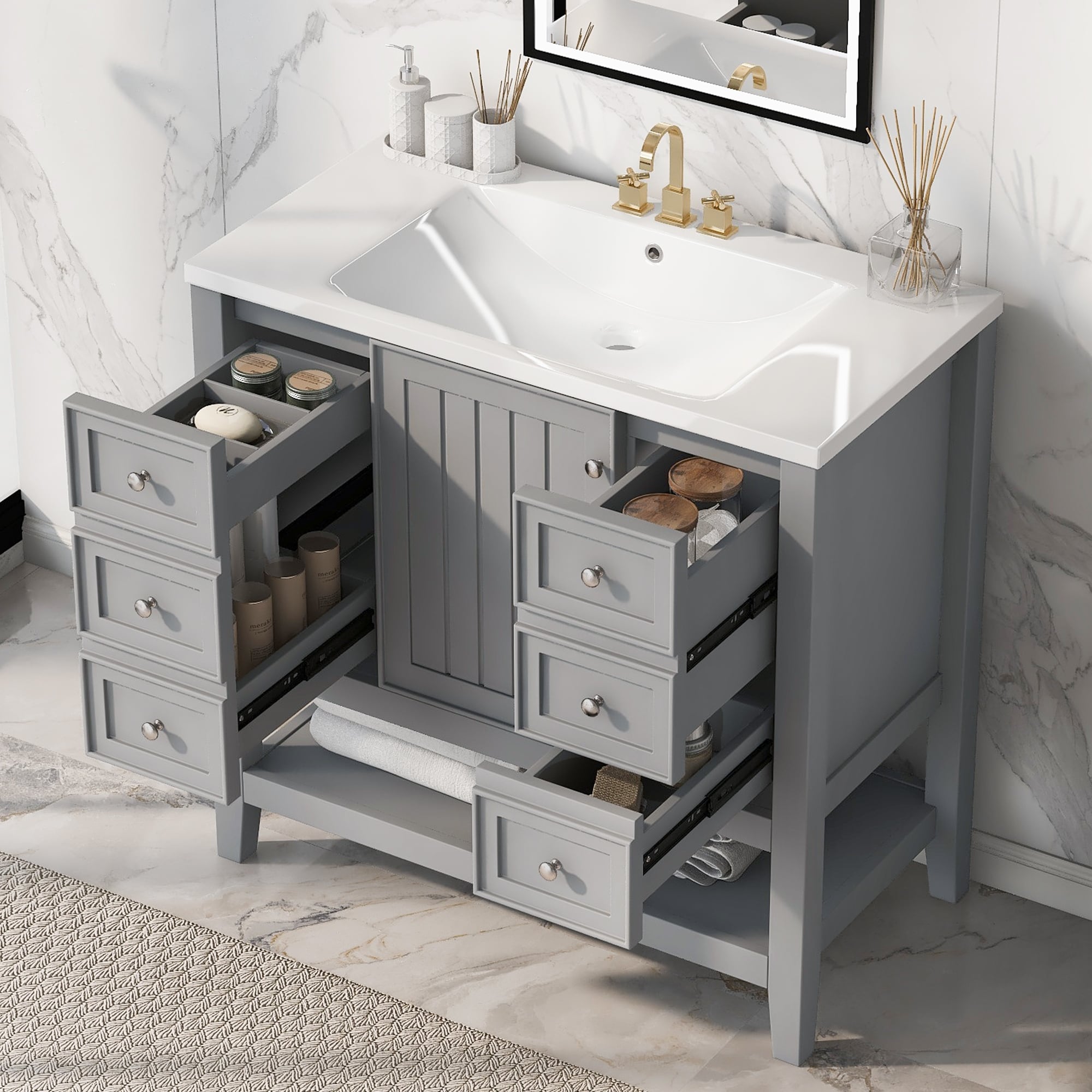 36" Bathroom Vanity with Sink, One Cabinet and Three Drawers, Solid Wood and MDF Board, Grey