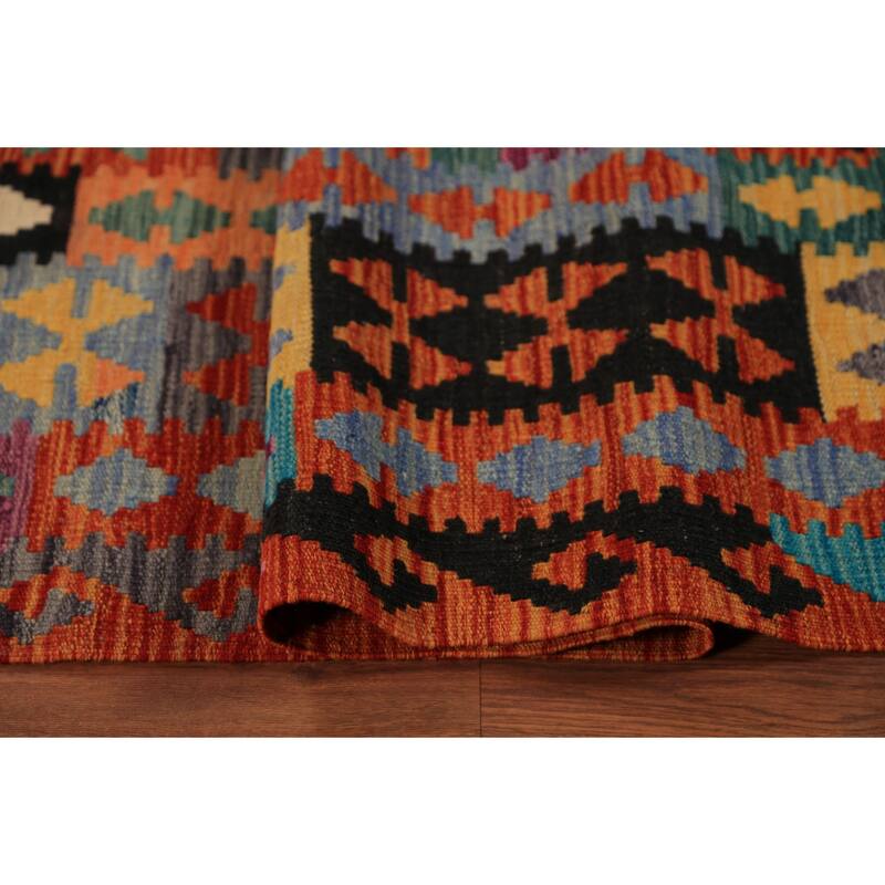 Orange Kilim Oriental Area Rug Hand-Woven Geometric Wool Carpet - 8'0"x 11'8"