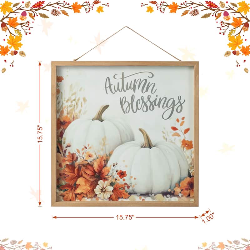 Glitzhome 15.75"H Fall Wooden Ivory Pumpkin Autumn Greeting Wall Art