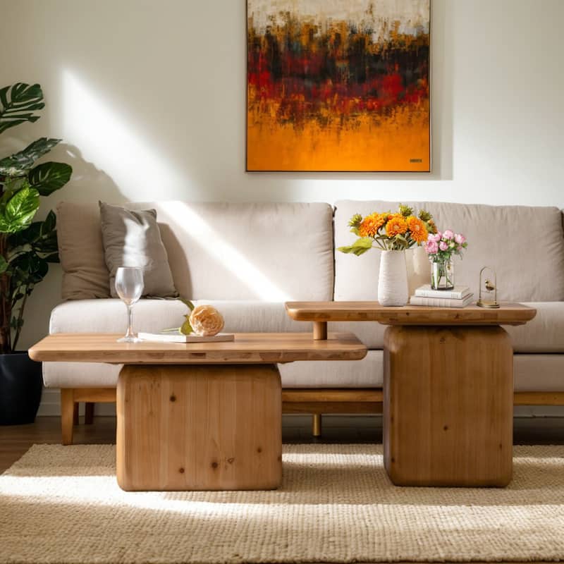 Vintage Fashion Style Square Coffee Table Set with Wood Grain Finish(Set of 2) - Natural