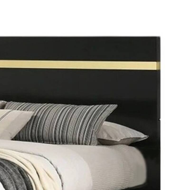 Yoki Queen Size Bed w Underbed LED, Acrylic Gold Trim, Black Frame