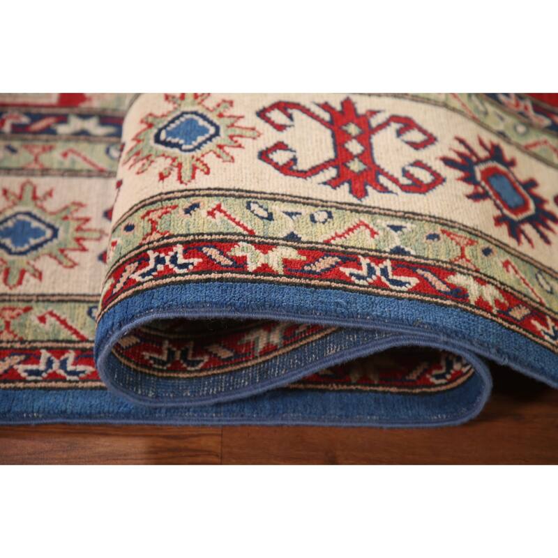 Blue Geometric Kazak Area Rug Handmade Oriental Wool Carpet - 6'8" x 9'9"