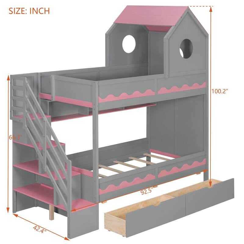 Twin Over Twin Bunk Bed with Stairs, LED Lights, Storage Drawers, House Shaped Wood Loft Bed with Guardrail