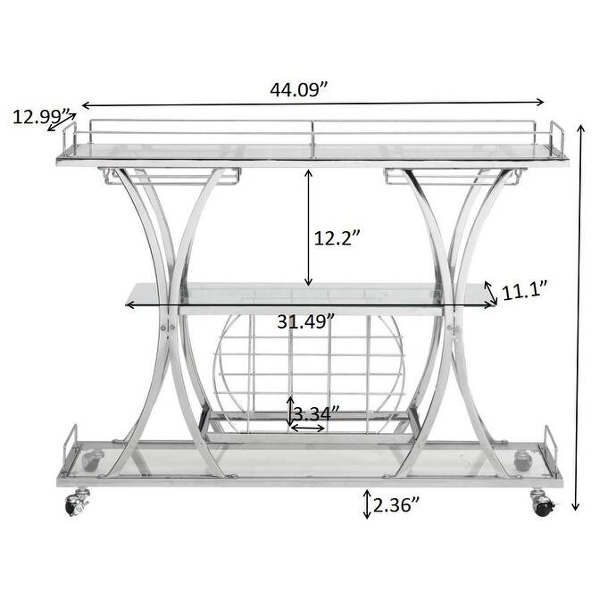 Serving Cart Glass Bar 3-Tier Metal Frame and Shelf