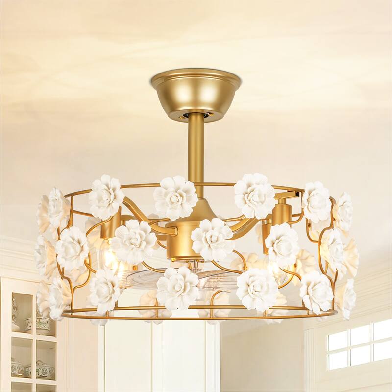 20.5 in. 4-Light Modern Gold Ceiling Fan with Flower Accents and Remote Control - 20.47 in. W x 8.07 in. H