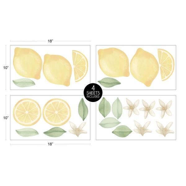 Lemon Floral Wall Decal Stickers Art Nursery Decor (Set of 4) - Yellow Green White Watercolor Boho Bohemian Farmhouse Flower
