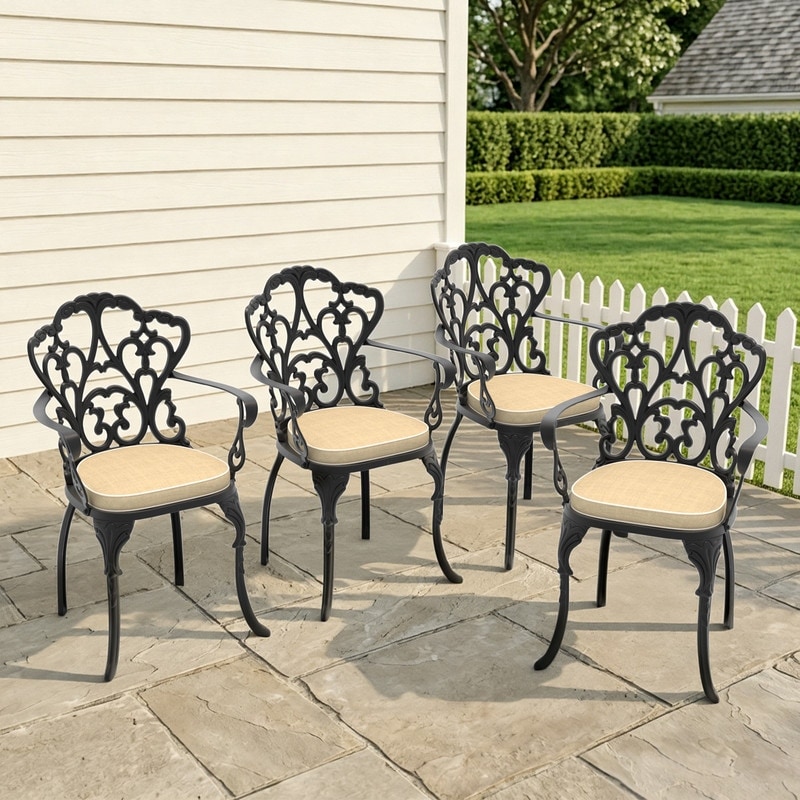 Patio Petal Cast Aluminum Outdoor Dining Chairs, Set of 4 with Cushions