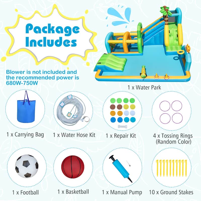 Costway Inflatable Water Park with Climbing Wall Basketball Rim Target - Multi-Colored