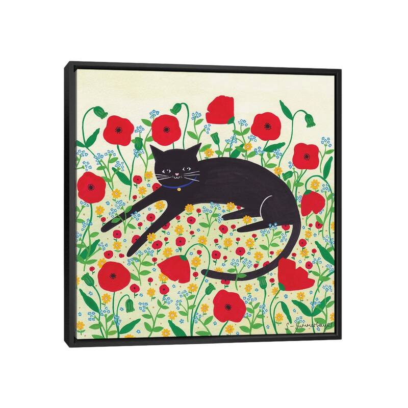 iCanvas "Cat With Poppies" by Sian Summerhayes Framed - Black - 37x37