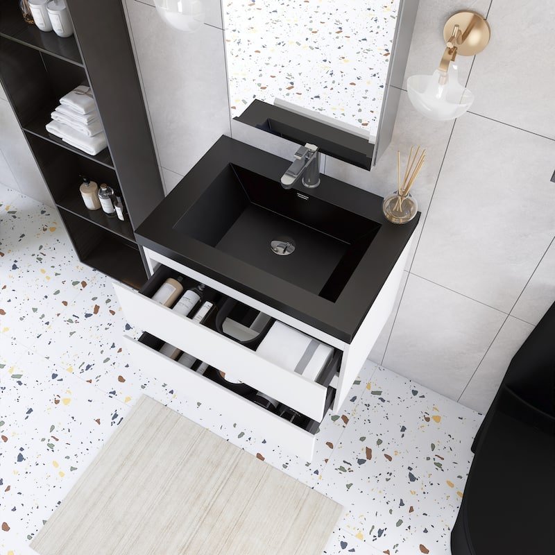 24/30/36 inch Wall-Mounted Bathroom Vanity Set in White with Integrated Black Resin Sink