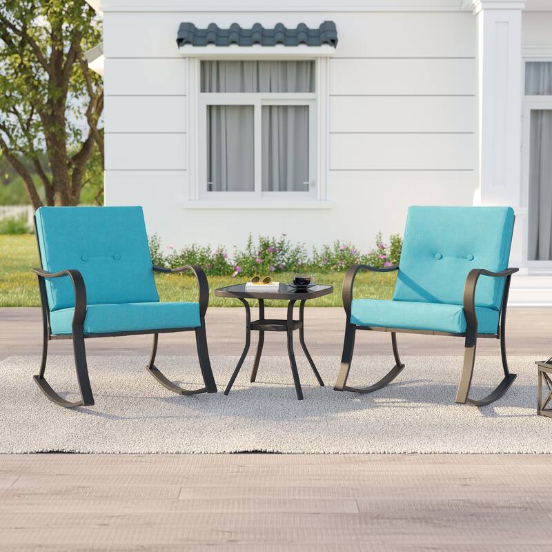 Bonosuki 3 Pieces Patio Bistro Set, Outdoor Funiture Set with 2 Rocking Chairs, Tempered Glass Top Coffee Table and Cushion