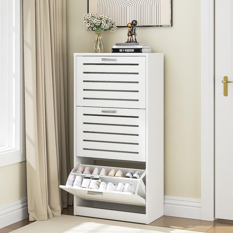 VECELO White 3-Tier Shoe Cabinet with Flip Drawer Silver Handles 47.24" Tall MDF Rack Removable laminate Design for Entryway - White