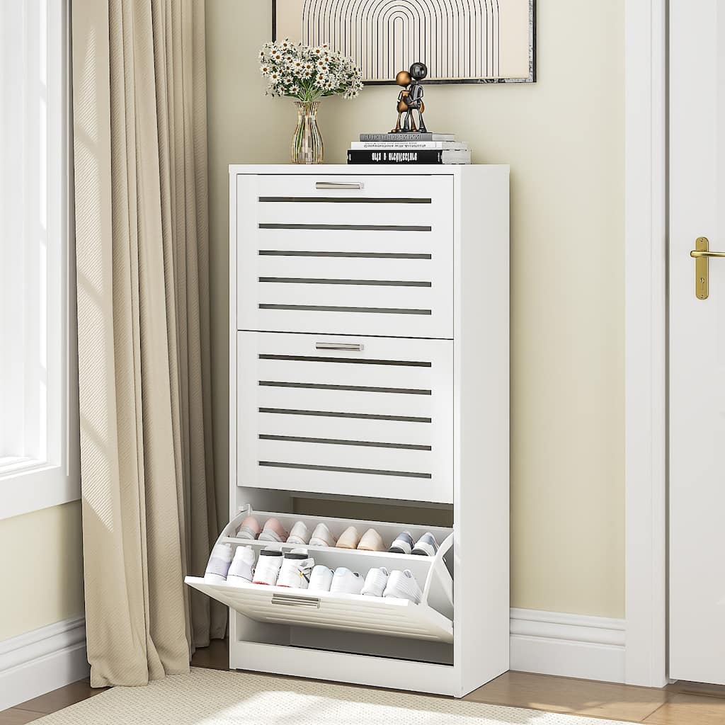 VECELO White 3-Tier Shoe Cabinet with Flip Drawer Silver Handles 47.24" Tall MDF Rack Removable laminate Design for Entryway