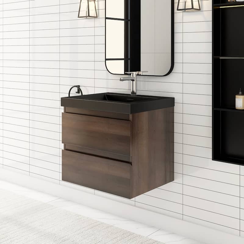 24/30/36 inch Wall-Mounted Bathroom Vanity Set in Grey Oak with Integrated Black Resin Sink