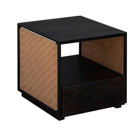 21 Inch Wooden Bedside Table with Jute Woven Side Panels, Brown and Black