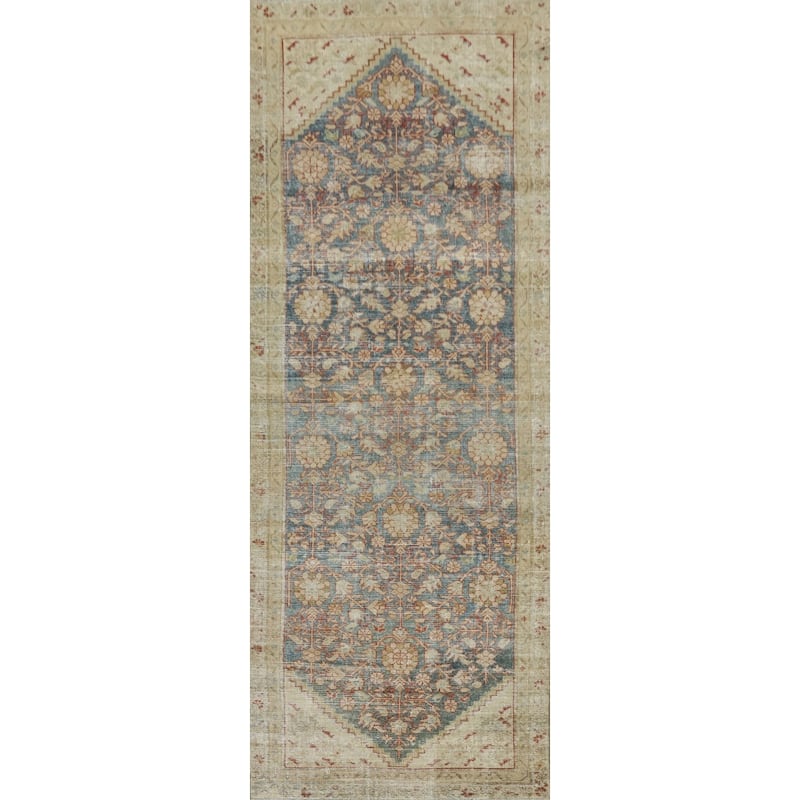 Hand Knotted Oriental 100% Wool Carpet Traditional Floral Navy Blue & Blues Malayer Runner Rug - 9' 5'' X 3' 0''