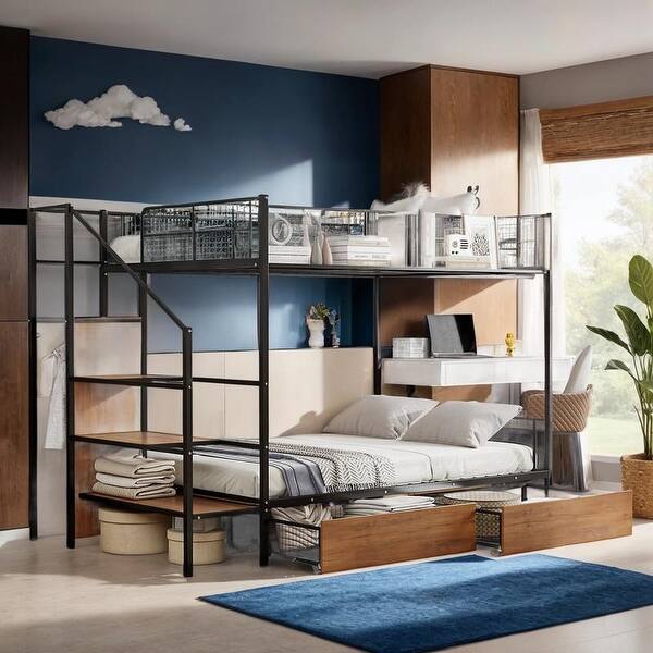 slide 2 of 12, Twin Over Full Metal Bunk Bed with Drawer and Wardrobe, Black Black