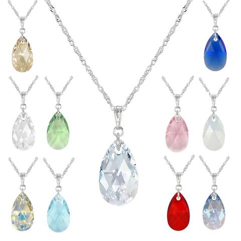 Assorted Colors Handmade Small Crystal Pear Sterling Silver Necklace (USA)