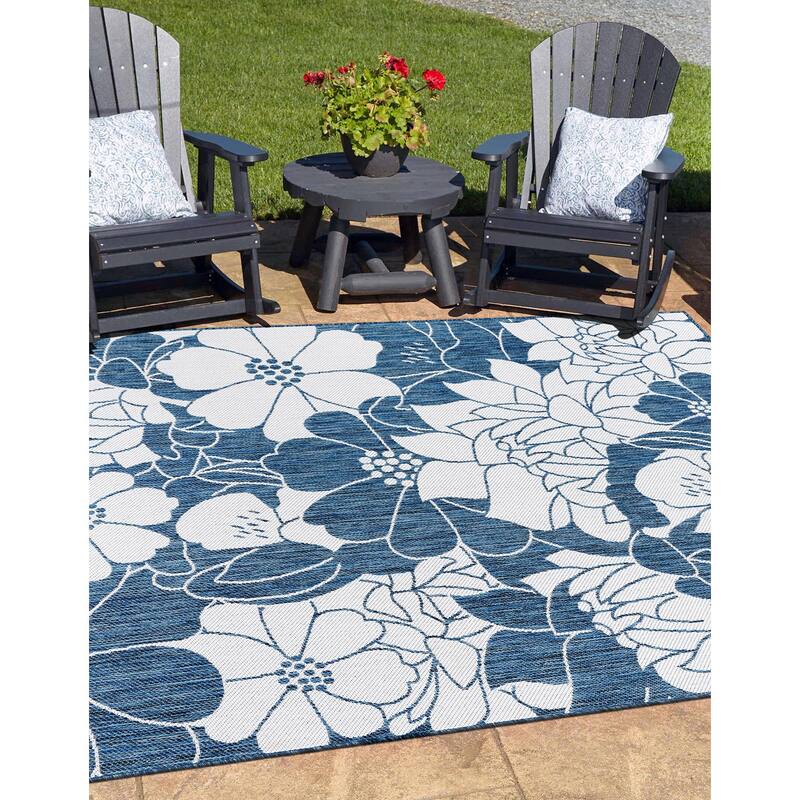World Rug Gallery Modern Floral Flowers Textured Flat Weave Indoor/Outdoor Area Rug - 5' X 7' - Navy