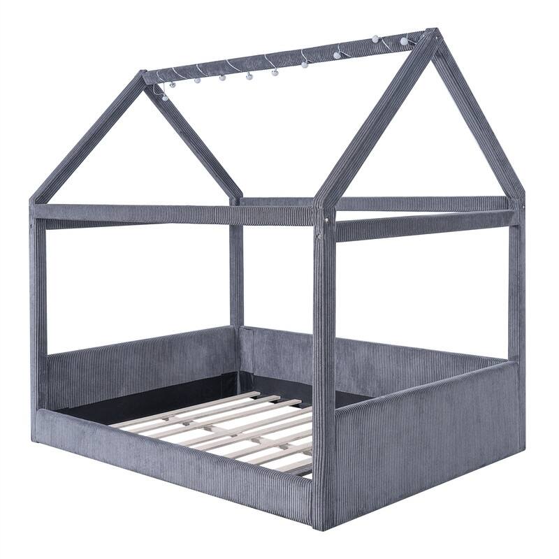 Full Size Upholstered House Daybed with LED Light Strips, Modern House Floor Bed Montessori Bed with Roof Design for Kids
