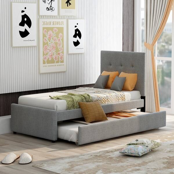 slide 2 of 9, Twin Linen Upholstered Platform Bed with Headboard and Trundle Grey - Twin