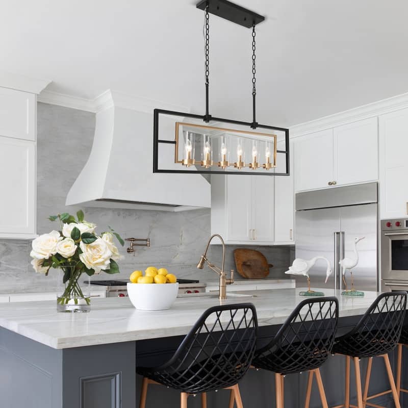 Modern Glam 6-light Linear Kitchen Lights Black Gold Glass Candle Chandelier