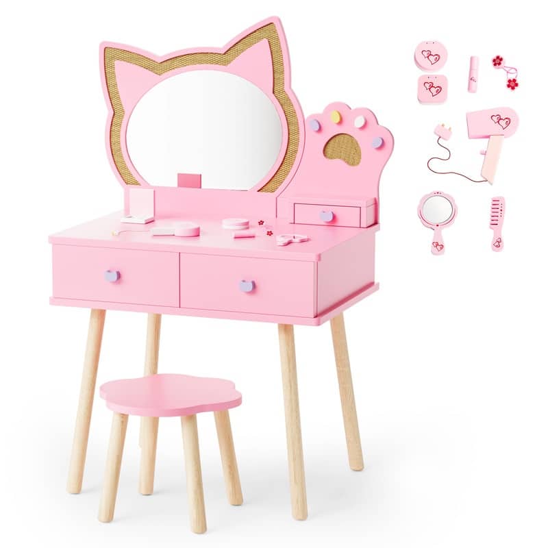 Kids Cat Mirror Vanity Makeup Dressing Table With 7 Pretend Play Accessories - N/A