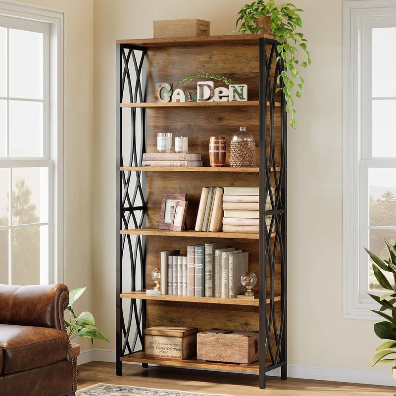 6-Tier Tall Bookshelf, 70.87" Industrial Bookcase with Geometric Metal Frame & Open Storage Shelves