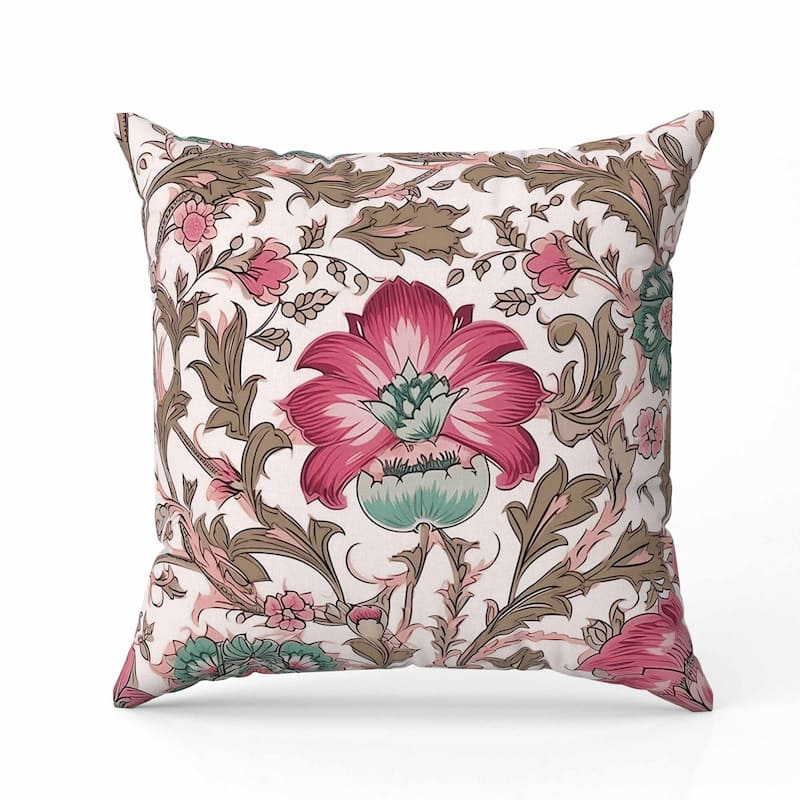 Mughal Era Garden Treasures Faux Suede Reversible Throw Pillow Pink and Camel