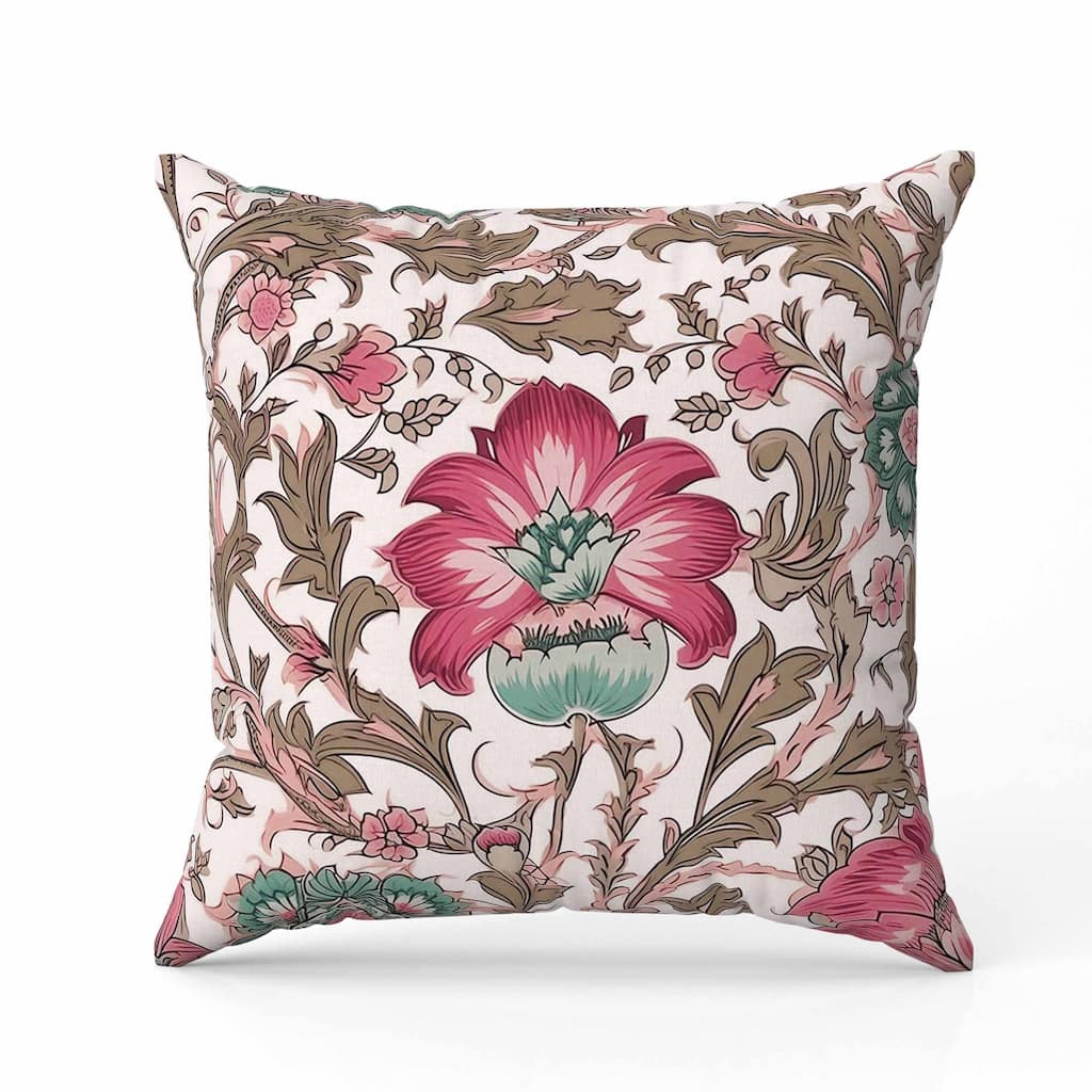 Mughal Era Garden Treasures Faux Suede Reversible Throw Pillow Pink and Camel