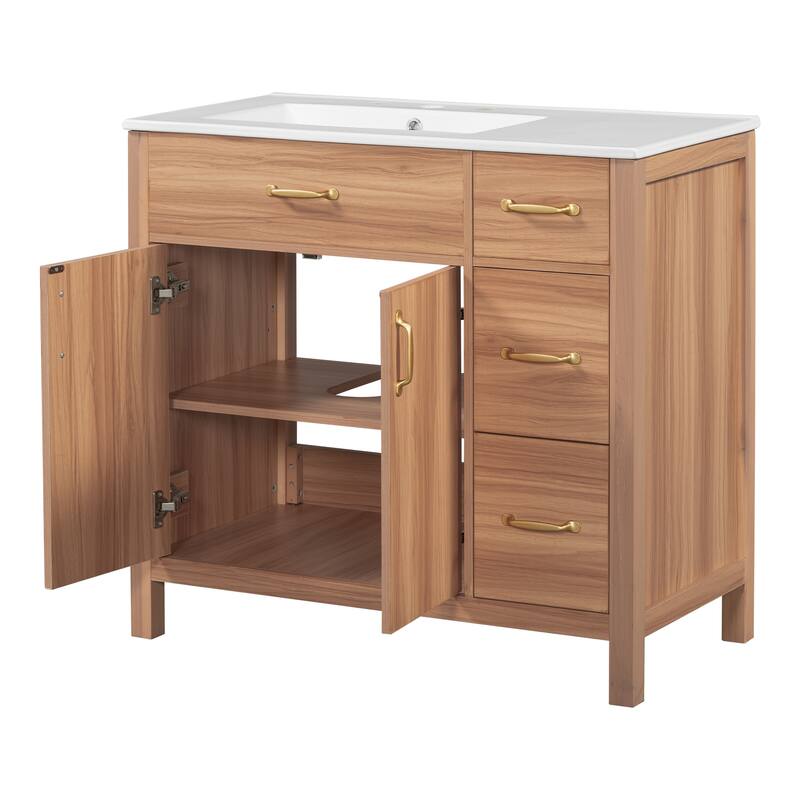 Solid Wood Frame Bathroom Vanity Cabinet with Undermount Ceramic Sink, 3 Drawers & Adjustable Shelf for Small Bathrooms, 36 Inch