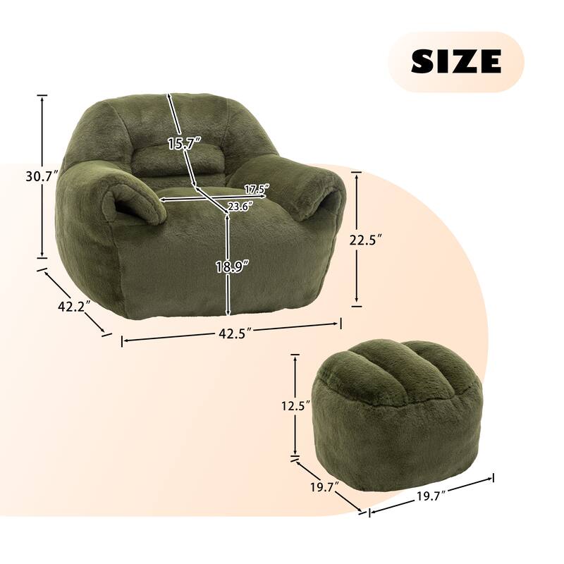 Faux Fur Bean Bag Chair with Back Support & Footstool - Comfy Floor Sofa for Adults & Kids, Living Room, Bedroom (2 Options)