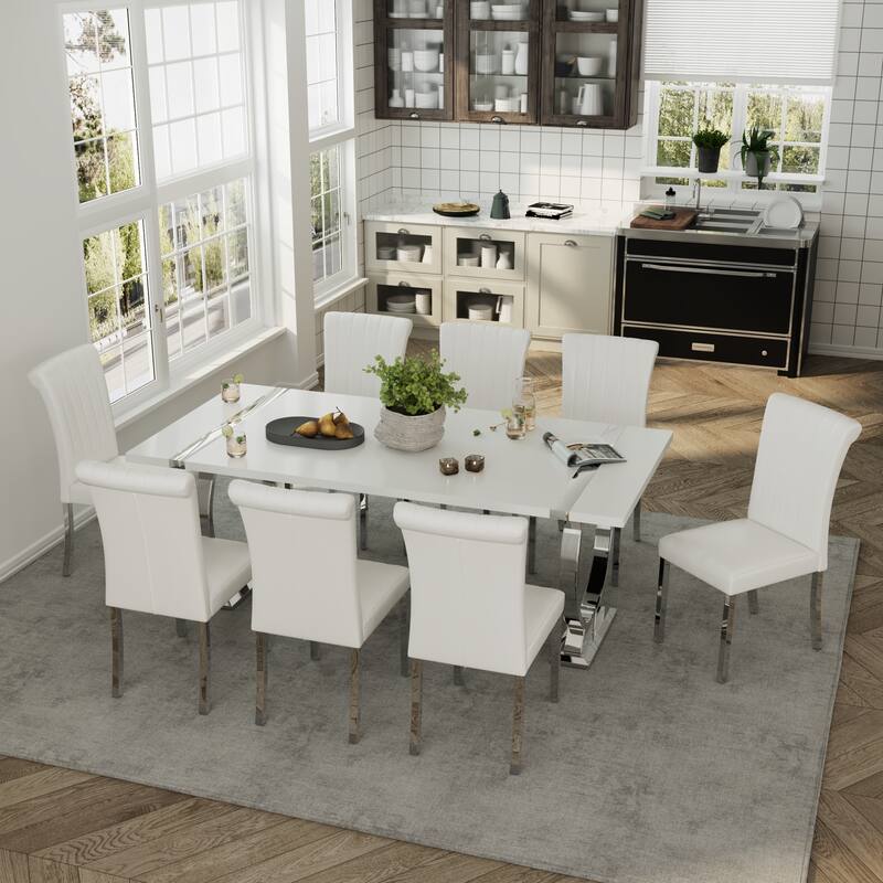 Modern White Dining Table with Polished Stainless Steel Circle Base