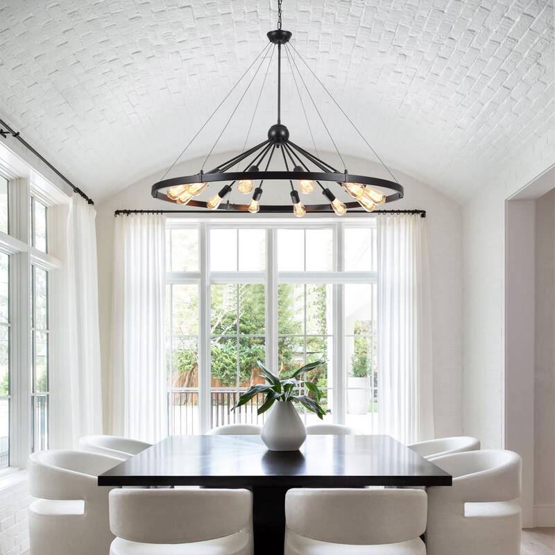 12-Light W43.3" x H90.55" Wagon Wheel Chandelier for Study Bedroom