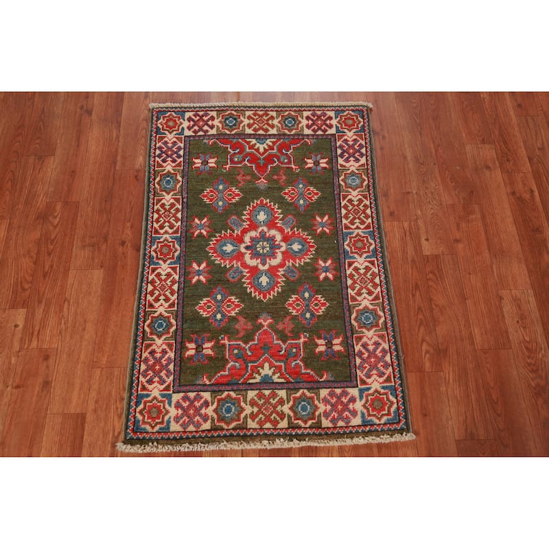 Geometric Green Kazak Oriental Foyer Rug Handmade Wool Carpet - 2'0"x 3'0"