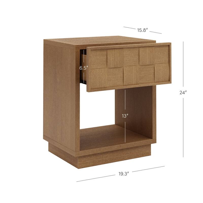 Paige Mid Century Modern Nightstand with 1 Drawer, Rustic Bedside Table with Sculpted Drawer Front and Open Bottom Shelf