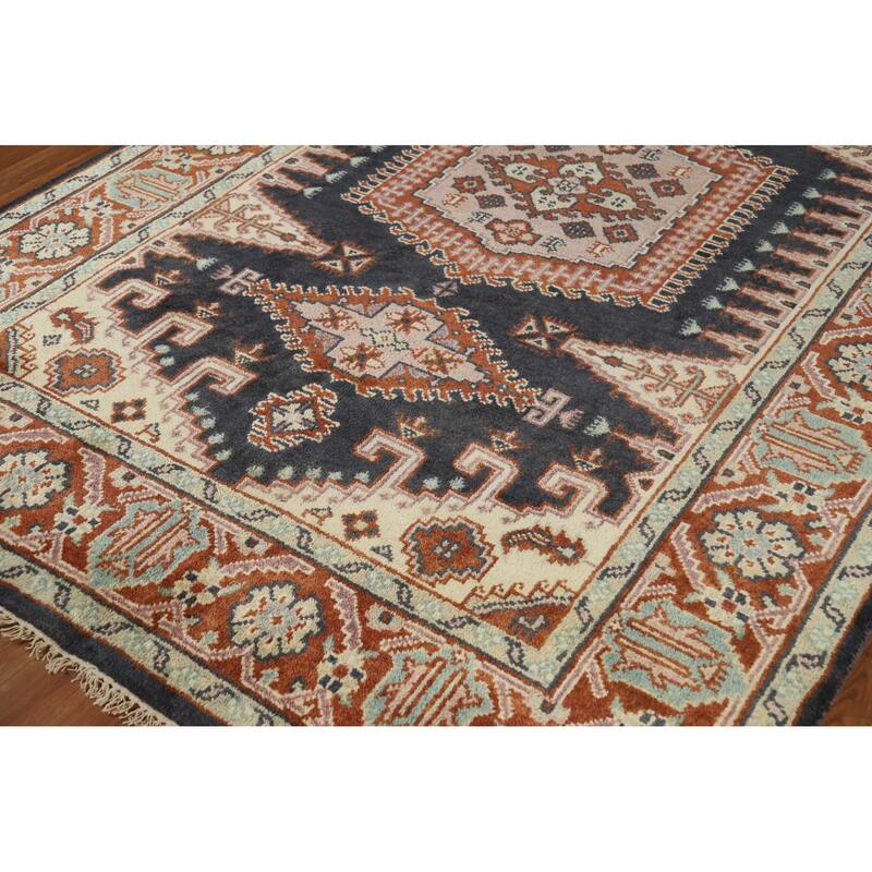 Geometric Viss Indian Area Rug Handmade Wool Carpet - 6'0" x 8'10"
