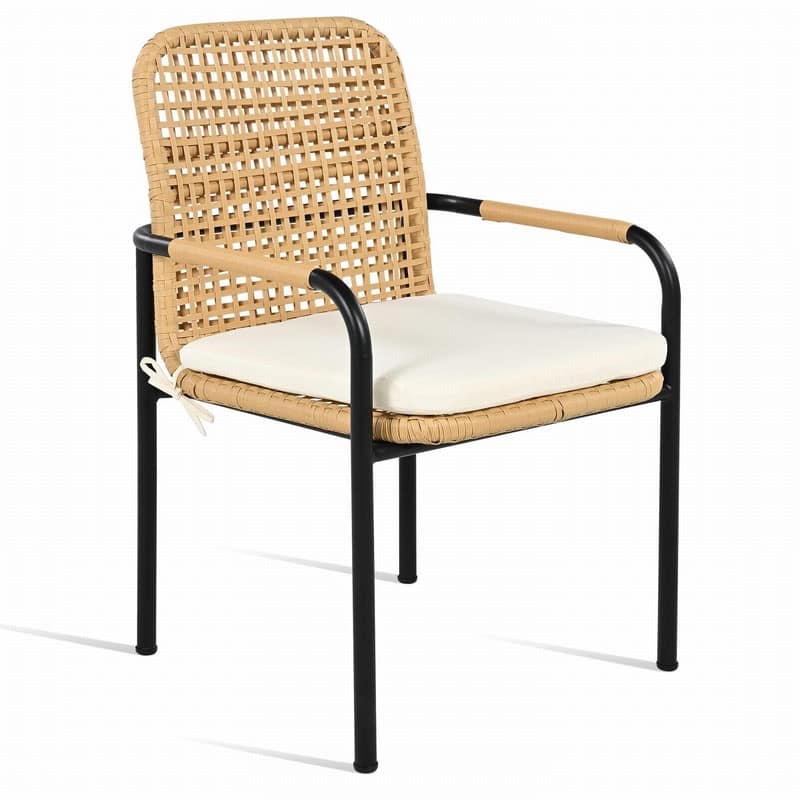 7 Piece Outdoor Wicker Dining Set with Plastic Wood Table Top and Removable Cushions for Patio Use