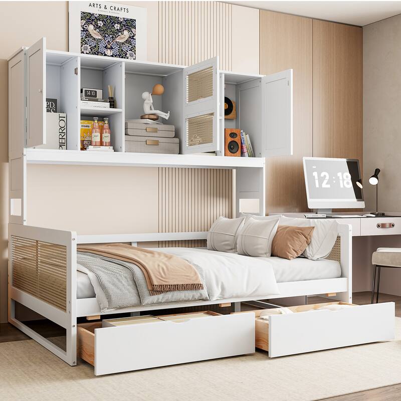 Full Size Daybed, Wooden Full Daybed Frame with 2 Storage Drawers, All-in-One Cabinet and Shelf for Bedroom