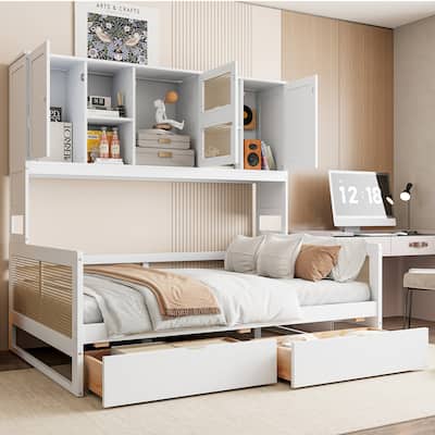 Full Size Daybed with All-in-One Cabinet Headboard, Space Saving Wooden Platform Bed Frame with 2 Storage Drowers and Shelfs