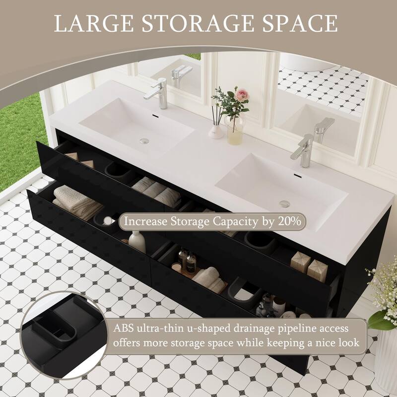 Modern Wall-Mounted Bathroom Vanity with White Solid Surface Top