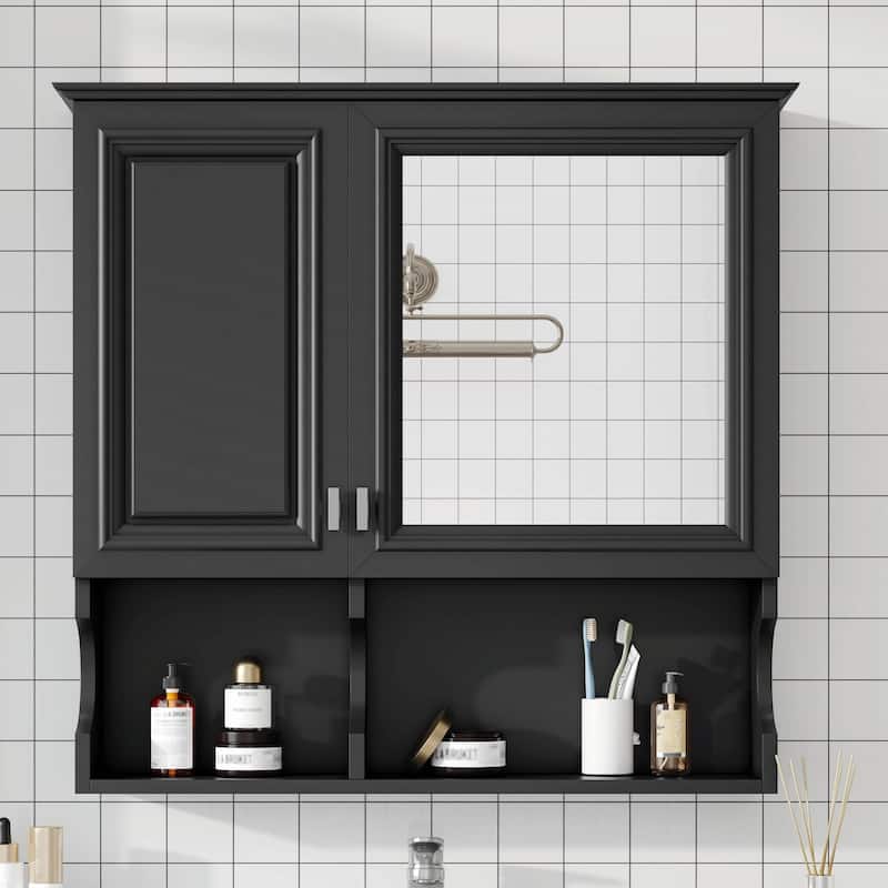 30-Inch Mirror Medicine Cabinet with Open Shelves - Black