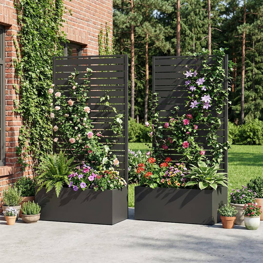Metal Planter Box with Trellis Privacy Screen Planter Box with Lockable Wheels Set of 2