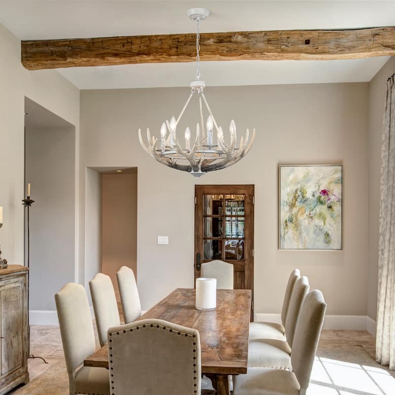 Adjustable Height 6 Lights Farmhouse Metal Frame Wagon Wheel Chandelier with Decorative Faux Antlers